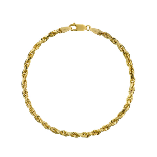 Rope bracelet, 9 carat, semi-solid yellow gold, 3.5mm, 8.5"