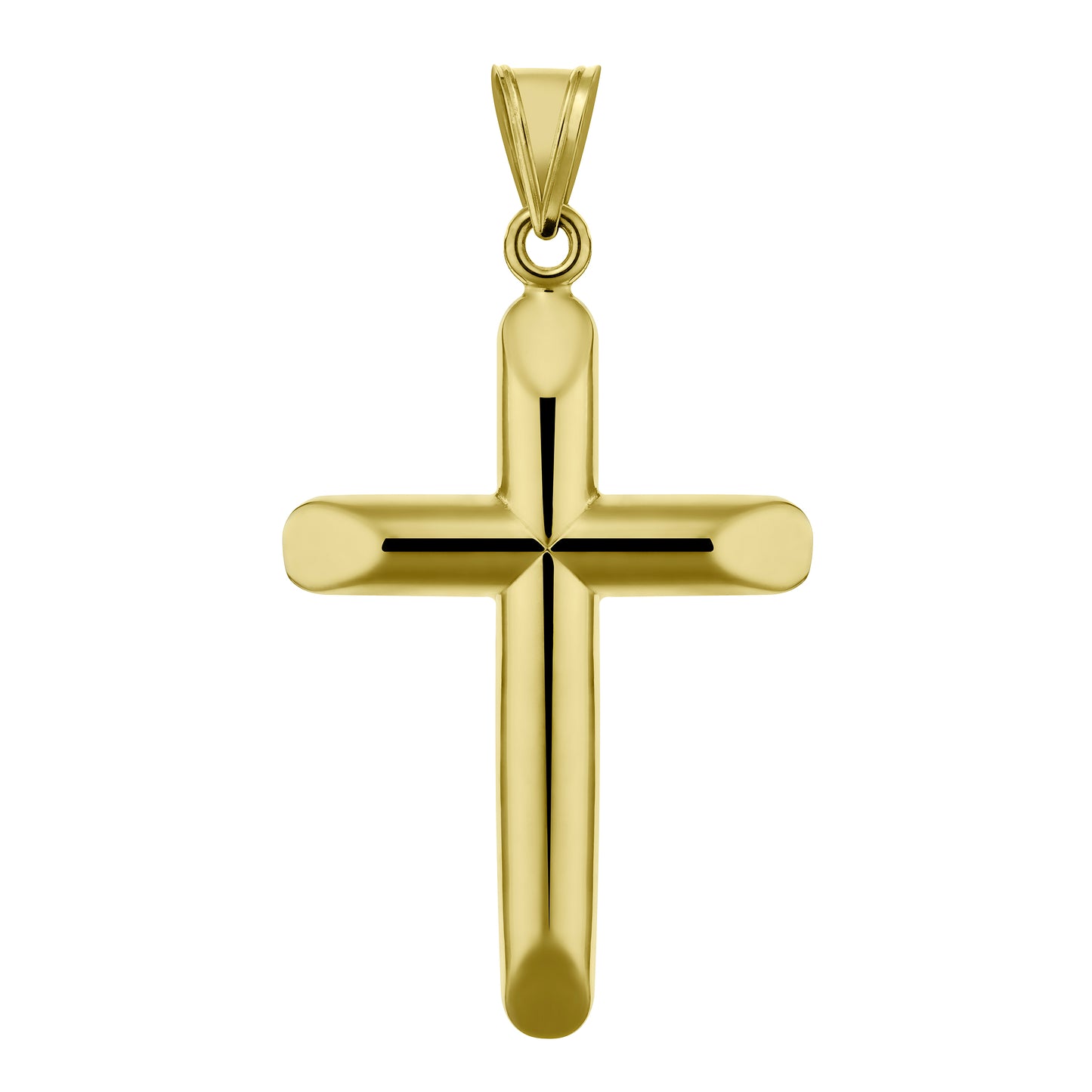 Crucifix, round, 9 carat, semi-solid yellow gold 30mm x 45mm
