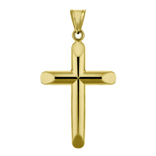 Crucifix, round, 9 carat, semi-solid yellow gold 30mm x 45mm